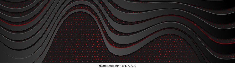 Black curved refracted waves and red dots abstract banner design. Futuristic vector background