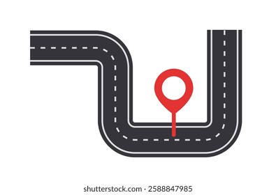 Black curved road with white dashed lines and a red location pin icon on a white background. Concept of navigation, GPS, and route planning. Vector illustration