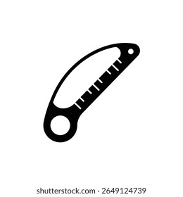 Um ícone de régua curva preta é mostrado sobre um fundo branco. A régua tem marcas de medida e orifícios circulares em cada extremidade. O estilo é simples e mínimo.