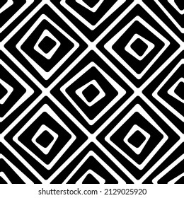 Black curved squares and rhombuses isolated on white background. Monochrome geometric tiled seamless pattern. Vector simple flat graphic illustration. Texture.