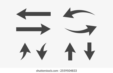 Black Curved and straight arrow icon set. Collection of horizontal long arrows, right and left side. Direction signs. Vector illustration