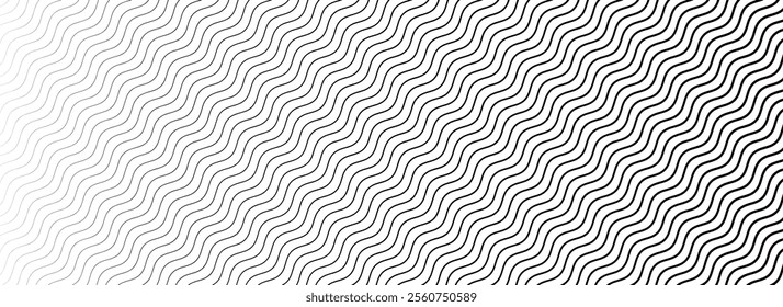 Black curved stripe texture gradient. Wave line pattern wallpaper. Fading wavy linear halftone gradation. Thin to thick zig zag strike background for overlay, print, cover, graphic design. Vector