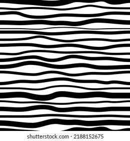 Black curved stripes on white background. Simple monochrome undulating pattern. Optical art, seamless dynamic texture. Soft waves of different thickness. Vector template