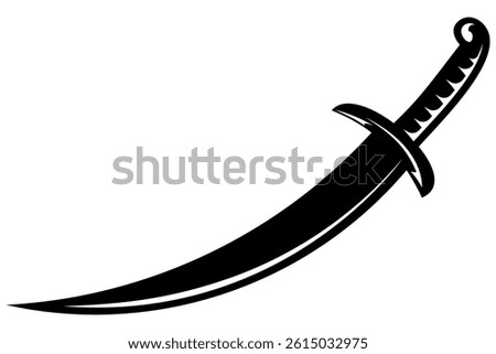 Black Curved Sword Silhouette Vector, Pirate or Arabian Saber Icon Isolated on White Background, Medieval Weapon Symbol for War or Combat Illustration