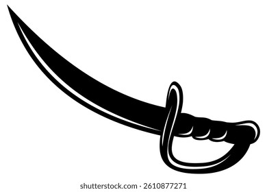 Black Curved Sword Vector, Pirate Saber or Cutlass Silhouette, Single Medieval Blade Weapon Icon Isolated on White Background for Design or Game Element