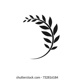 black curved twig isolated on white. Round border with leaves. Flat design. Vector illustration.