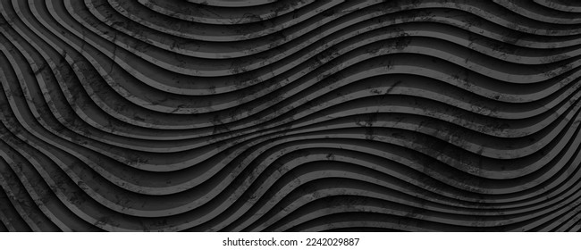 Black curved waves abstract grunge background. Vector banner design