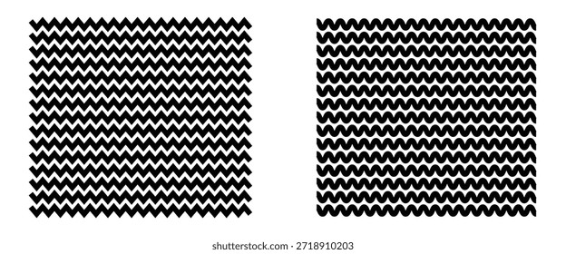  Schwarz gewölbte Zickzacklinien Muster in abstraktem Stil. Geometrisches Dekorelement. Fett schwarz-weißes Zickzack Chevron Muster Hintergrund.