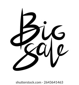 Black curvy hand-written big sale text isolated on white background. Headline for e-commerce marketing banners, flyers, discount cards, posters, ads, coupons, offers and other promotional materials.
