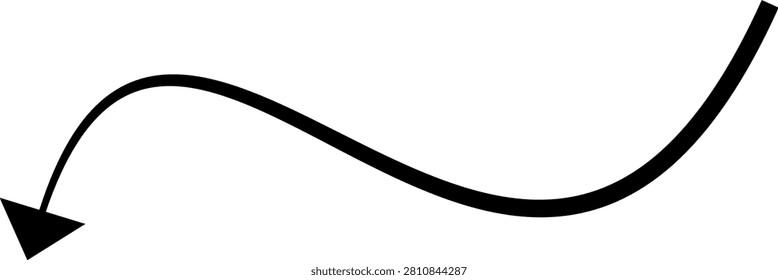 A black curvy line with an arrowhead on the left side against a transparent background, PNG with alpha channel for graphic design use.