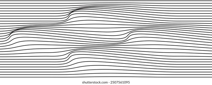 Black curvy lines on white background. Winding stripes pattern. Simple water ripples print. Sea, ocean, mountain or hills waving relief linear design. Vector graphic illustration.