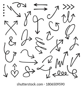 Black curvy and odd shape hand drawn direction arrows and pointers set on white background