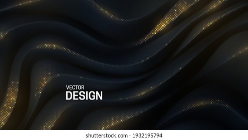 Black curvy pattern surface with golden glitters. Vector 3d illustration. Abstract elegant background. Luxury cover design. Warped stripes with shimmering particles. Topography relief.