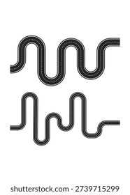 Black curvy road tracks with white dashed markings on a white background. Set of two different winding paths for transportation and travel concepts.