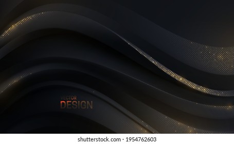Black curvy wave shape with golden glitters. Abstract 3d background. Vector illustration. Minimalist decoration for banner or cover design.