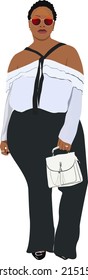 Black curvy woman wearing in smart casual clothing - white blouse and dark pants. Attractive girl with short natural hair, sunglasses and white fashion bag. Lady boss building her empire.  