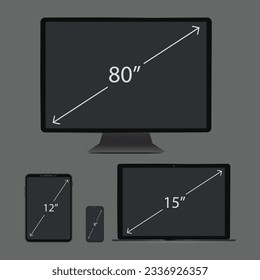 Black custom made devices screen dimensions isolated on white background. Laptop, monitor, phone and tablet grey color with arrows and sizes