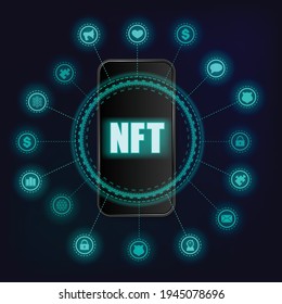 Black custom made mobile phone and NFT text with different icons for new technology wallpaper