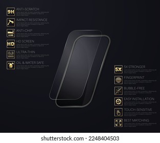 Black custom made mobile phone with empty screen isolated on dark background. Screen protection glass with set of advantages icons and sample text