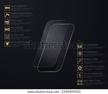 Black custom made mobile phone with empty screen isolated on dark background. Screen protection glass with set of advantages icons and sample text