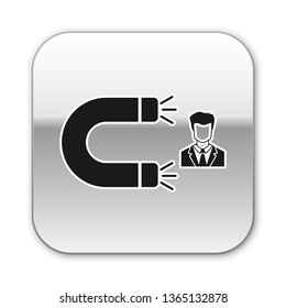 Black Customer attracting icon isolated on white background. Customer retention, support and service. Customer man attracting with magnet. Silver square button. Vector Illustration