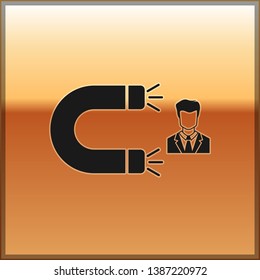 Black Customer attracting icon isolated on gold background. Customer retention, support and service. Customer man attracting with magnet. Vector Illustration