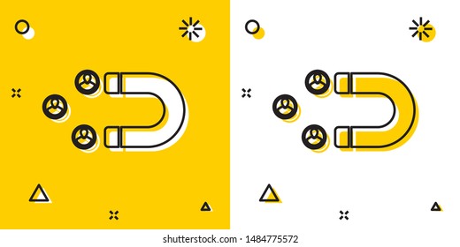 Black Customer attracting icon isolated on yellow and white background. Customer retention, support and service. Customer people attracting with magnet. Random dynamic shapes. Vector Illustration