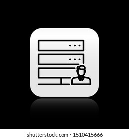 Black Customer care server icon isolated on black background. Tech support concept with male operator. Call center sign. Silver square button. Vector Illustration