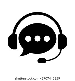 El ícono de Asistencia al cliente negro muestra un auricular colocado sobre una burbuja de voz con tres puntos, sobre un fondo blanco que sugiere comunicación y asistencia.