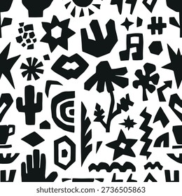 Black cut out seamless pattern. Abstract flowers, star, human hand, cup. Botanical print for fabric textile, wallpaper, wrapping, neoteric vector background