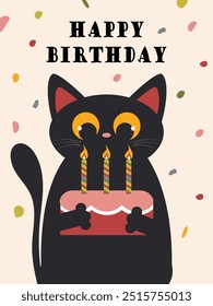 Black cute cartoon cat holding a cake with candles for the birthday party. Vector.