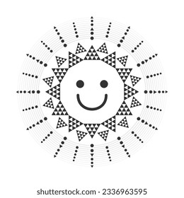 Black cute cartoon detail triangle style sun emoji icon with smiling face and rays on white background