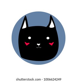 Black cute cartoon style head of cat shape blue circle on white background vector illustration