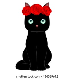Black cute cat with buds of roses. 