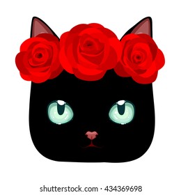 Black cute cat with buds of roses. 