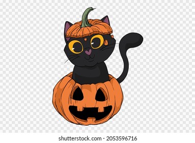 Black cute cat come outside smile pumpkin isolated  on png or transparent,Happy halloween banner,element template for poster,brochures,online sale marketing  advertising,vector illustration   