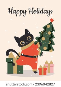 A black cute cat dressed as Santa Claus holds a Christmas tree and dances among the gifts. Vector.