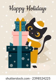 A black cute cat dressed as Santa Claus peeks mischievously from behind a mountain of New Year gift boxes on a vertical light gray snowy background. Vector.