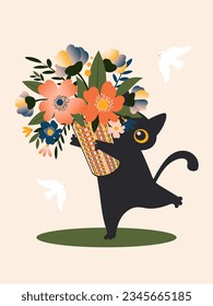 Black cute cat holds in his hands a basket with a large bouquet of spring flowers on a light pink vertical background for greeting cards. Vector.