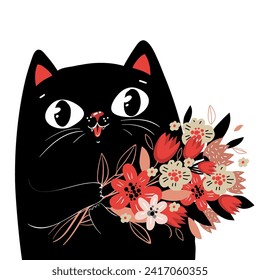 Black cute cat holds in his hands a large bouquet of flowers, background for greeting cards. Vector