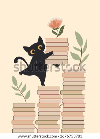 Black cute cat holds a stack of books and with each book he reads he gains more knowledge and vocabulary. Vector.