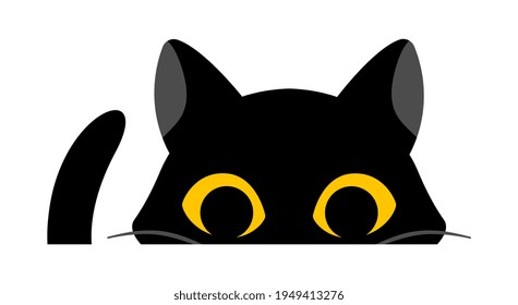 Black cute cat is looking straight on white background. Lovely cat with big yellow eyes. Concept of cute domestic animals giving positive vibes. Flat cartoon vector illustration