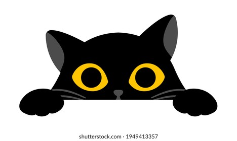 Black cute cat is looking straight on white background. Lovely cat with big yellow eyes. Concept of cute domestic animals giving positive vibes. Flat cartoon vector illustration