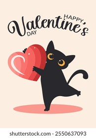 Gato lindo negro enamorado de grandes ojos amarillos y un corazón rojo en sus patas sobre un fondo rosa. Vector.