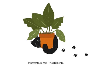 black cute cat and pot plant. Halloween fluffy fat black and white hand drawn kitten. kawaii furry pussy. stock vector illustration isolated on white background.