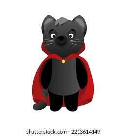 Black cute cat in a red cape like Dracula in honor of Halloween