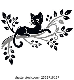 Black cute cat silhouette on a tree branch with leaves on white background. Beautiful isolated vector relaxing cat design. Minimalist.