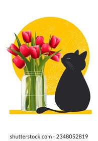 A black cute cat sits with its back sniffing red tulips in a glass jar and enjoys the spring and the sun. Vector.