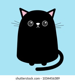 Black cute cat sitting kitten. Cartoon kitty character. Kawaii animal. Funny face with eyes, mustaches, nose, ears. Love Greeting card. Flat design. Blue background Isolated. Vector illustration