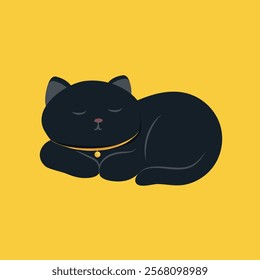 Black cute cat sleeping in cartoon style. Vector illustration, isolated on white background.